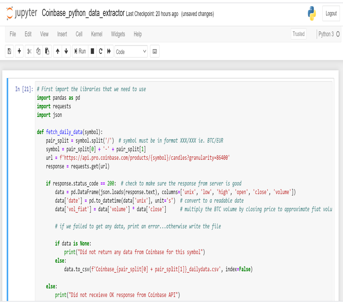 Coinbase extraction code in Jupyter Notebook