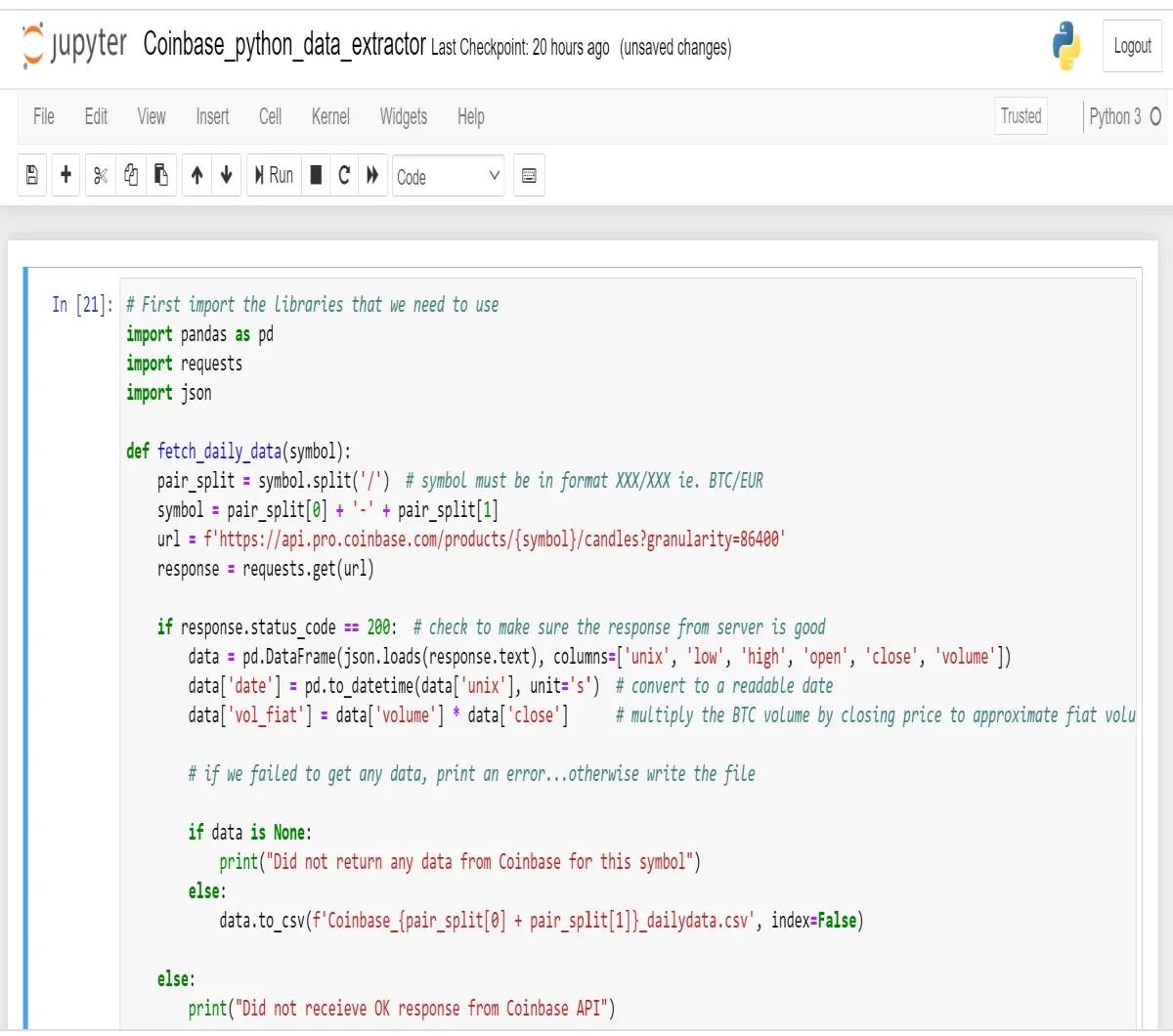 Coinbase extraction code in Jupyter Notebook