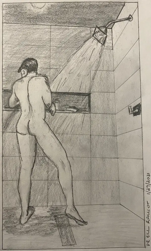 Man taking a shower - pencil drawing