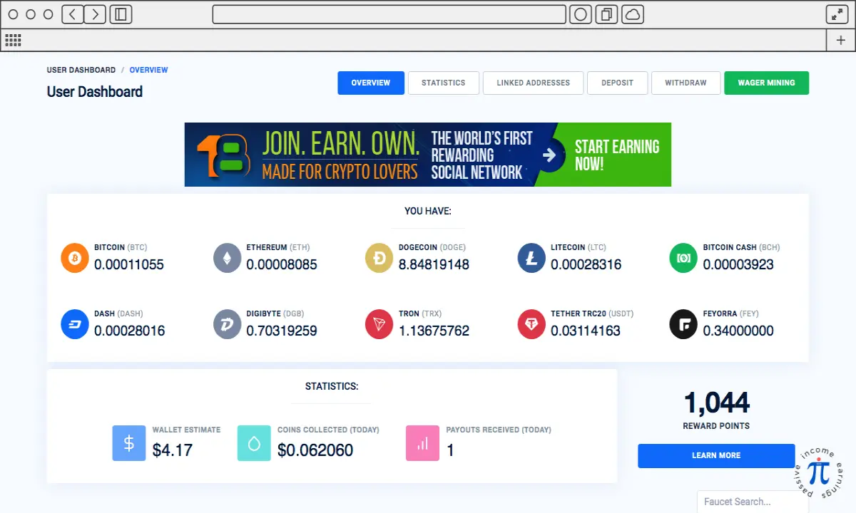 FaucetPay User Dashboard view