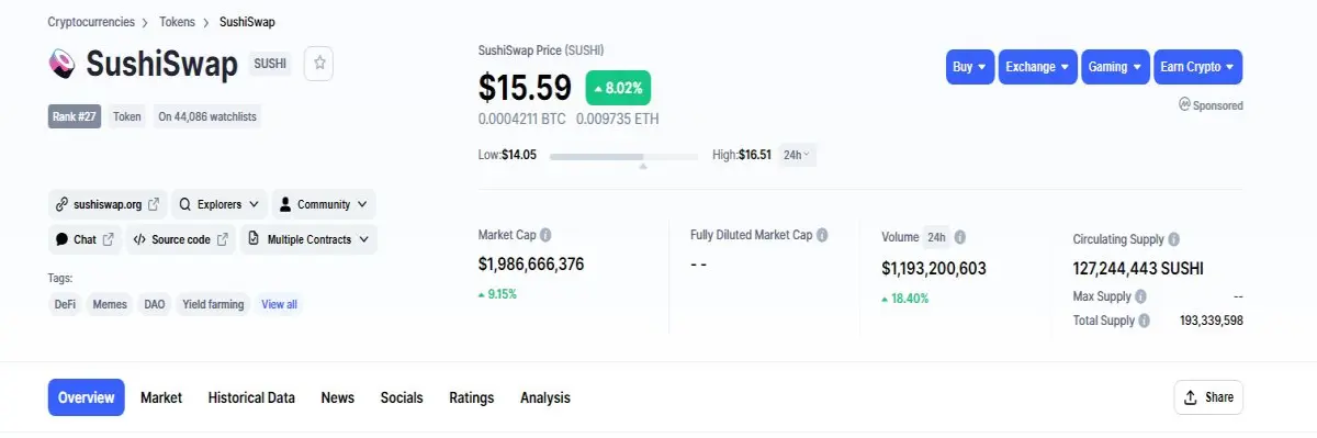 Sushi Swap Defi crypto trading native tokens