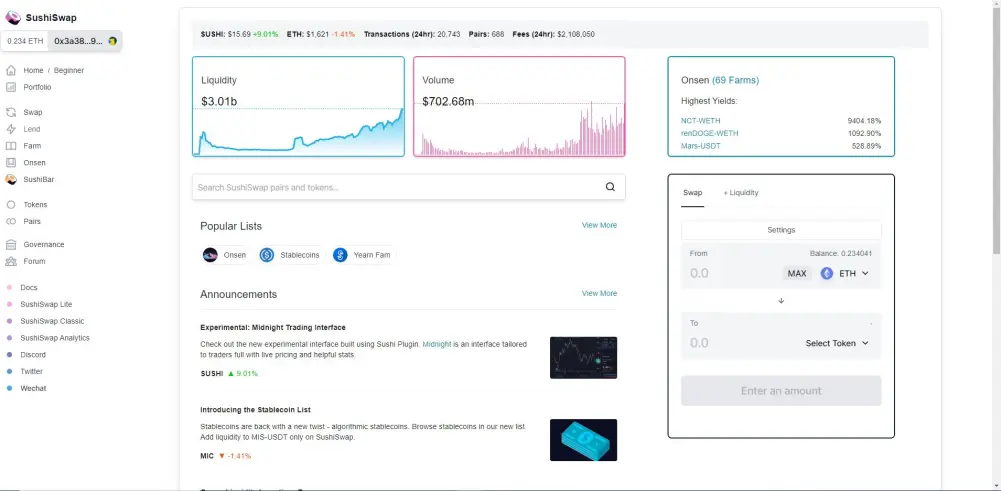 Sushi Swap Defi crypto trading native tokens