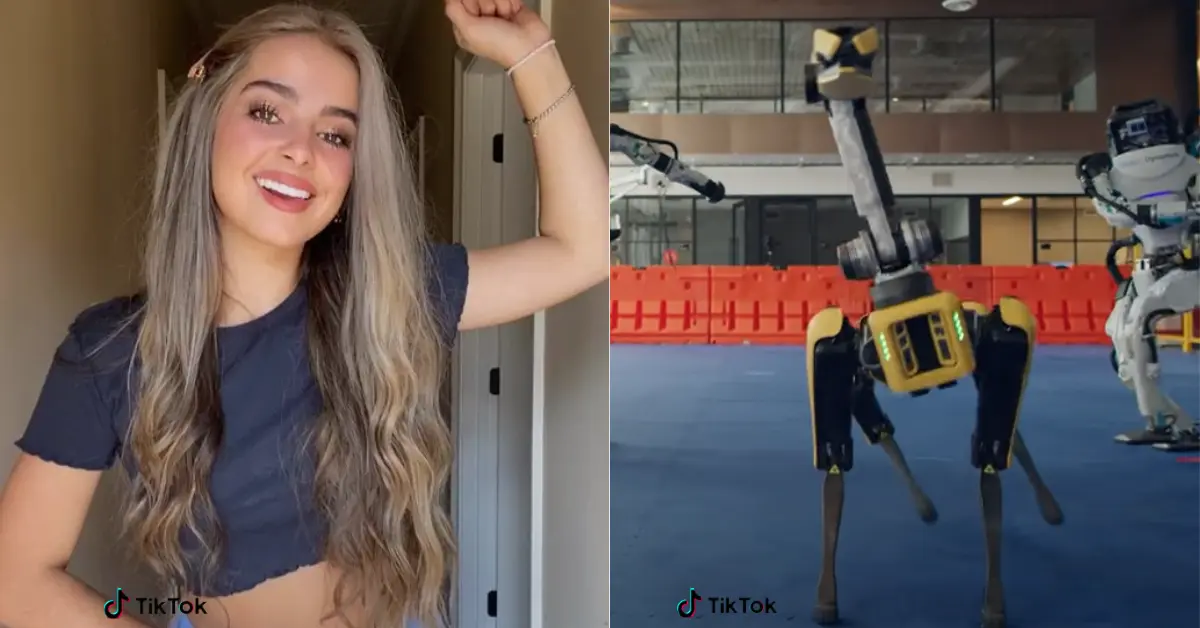 Addison Rae (left) Boston Dynamics robot dog (right)