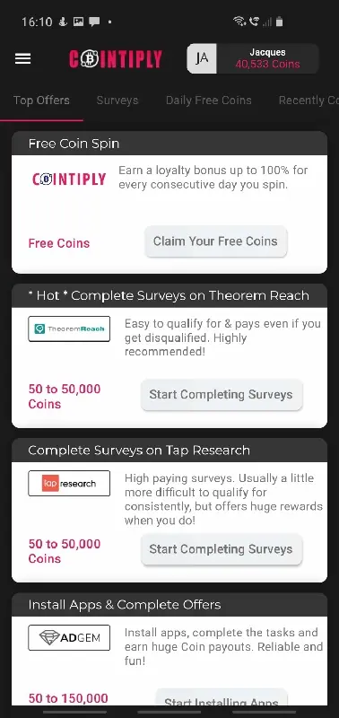 Cointiply home screen