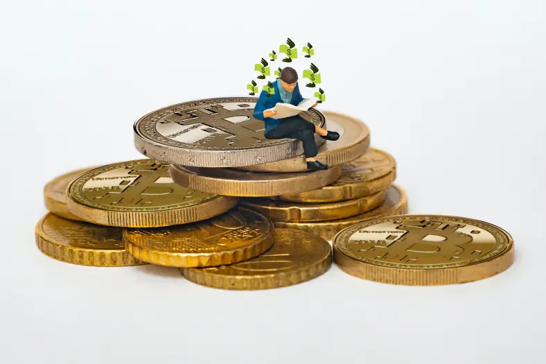 Rich man sitting on pile of BTC
