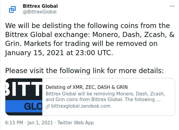 A tweet from Bittrex announcing the delisting of Monero, Dash, Zcash and Grin.