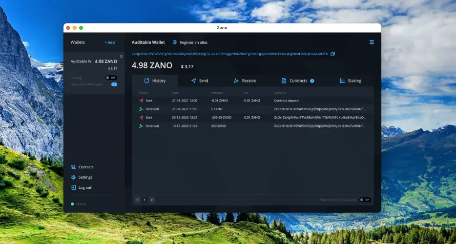 A screenshot of a Zano auditable wallet.