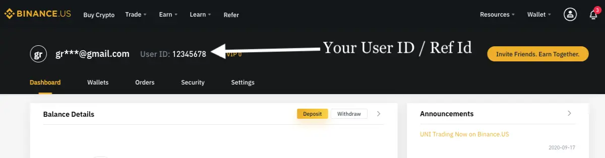 binance userid explanation