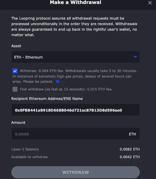 ETH Loopring Withdraw Fee