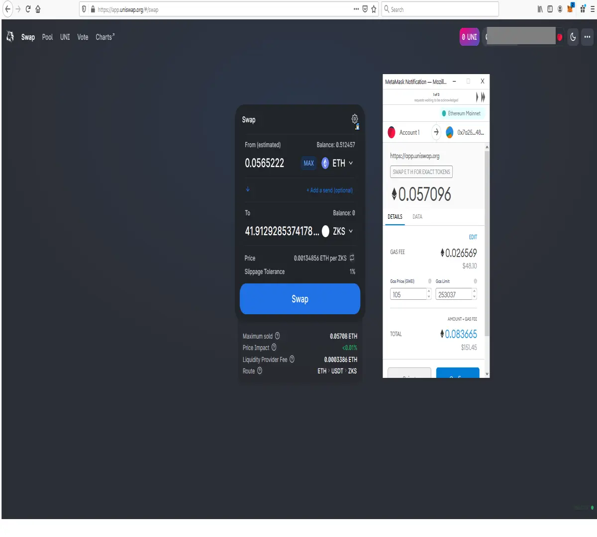 34% gas fees to buy 41.9 ZKS on Uniswap