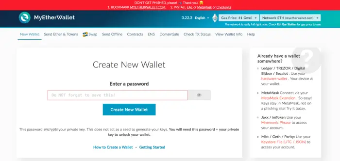 Creating a new Ethereum wallet on the popular MyEtherWallet platform