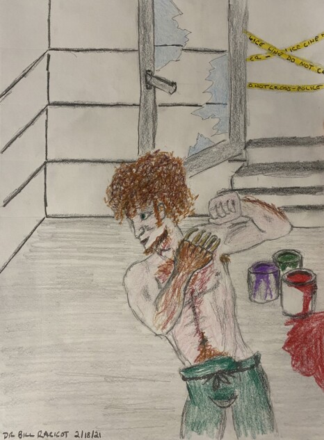 Man with bear claw fighting in abandoned basement with paint cans - colored pencil drawing