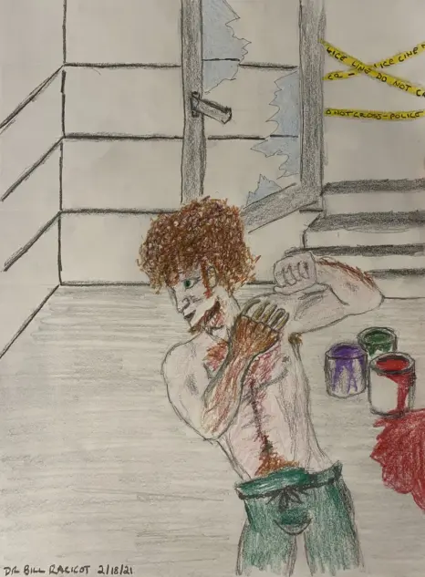 Man with bear claw fighting in abandoned basement with paint cans - colored pencil drawing