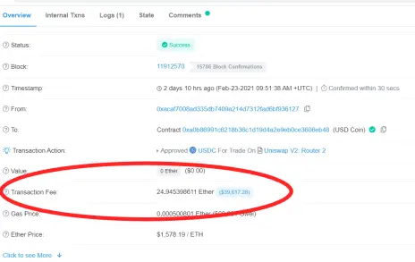 Transaction details for the expensive Uniswap