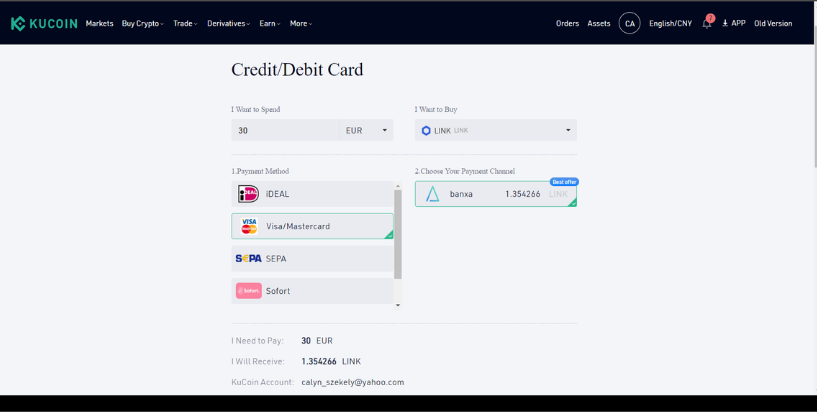 Buy crypto on Kucoin using a credit/debit card