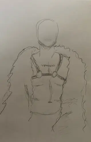 Daniel wearing fuzzy blanket an dharness: 3-minute timed pencil sketch