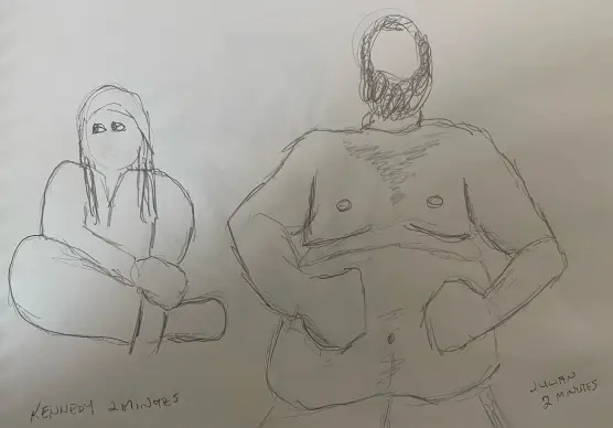 Two students posing: 2-minute timed pencil sketches