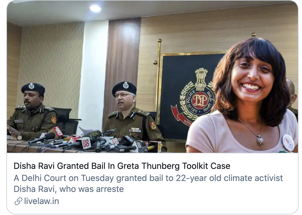 disha ravi, india, farm laws, climate activist, toolkit