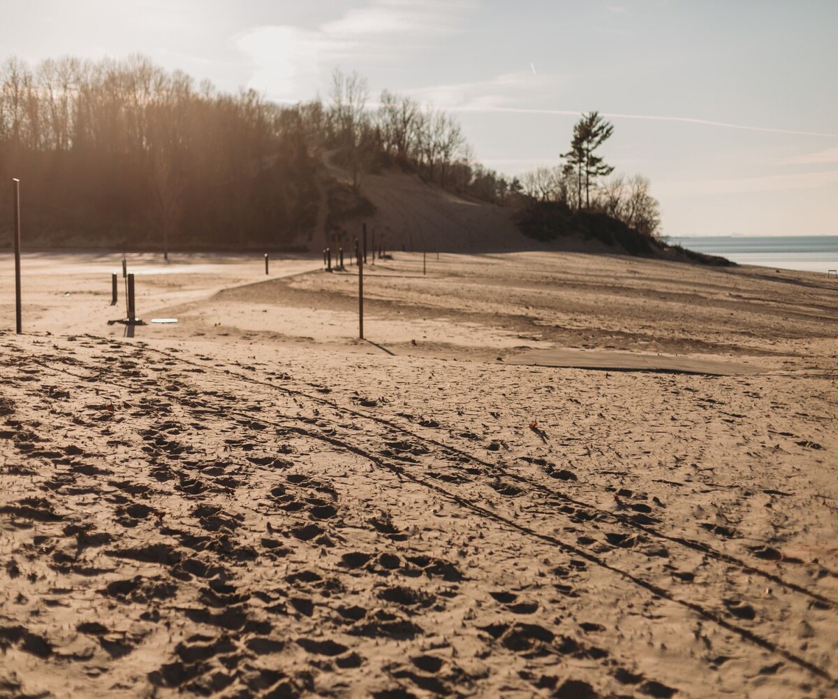 Sun set at the indiana dunes and long shadows on the beach
