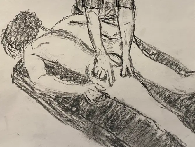 Man receiving a massage - charcoal sketch