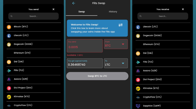 Swap crypto on Flits app