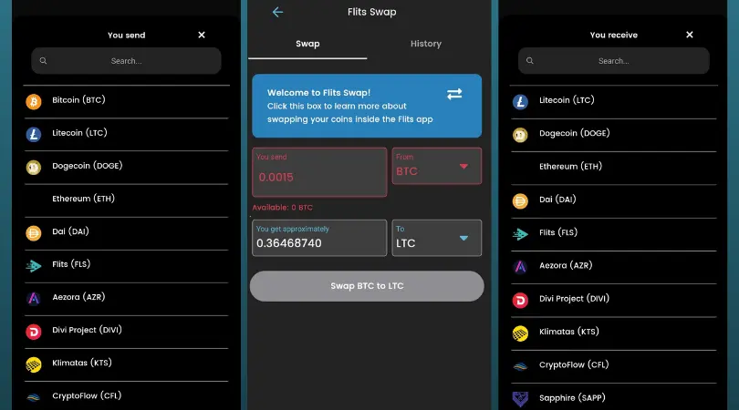 Swap crypto on Flits app