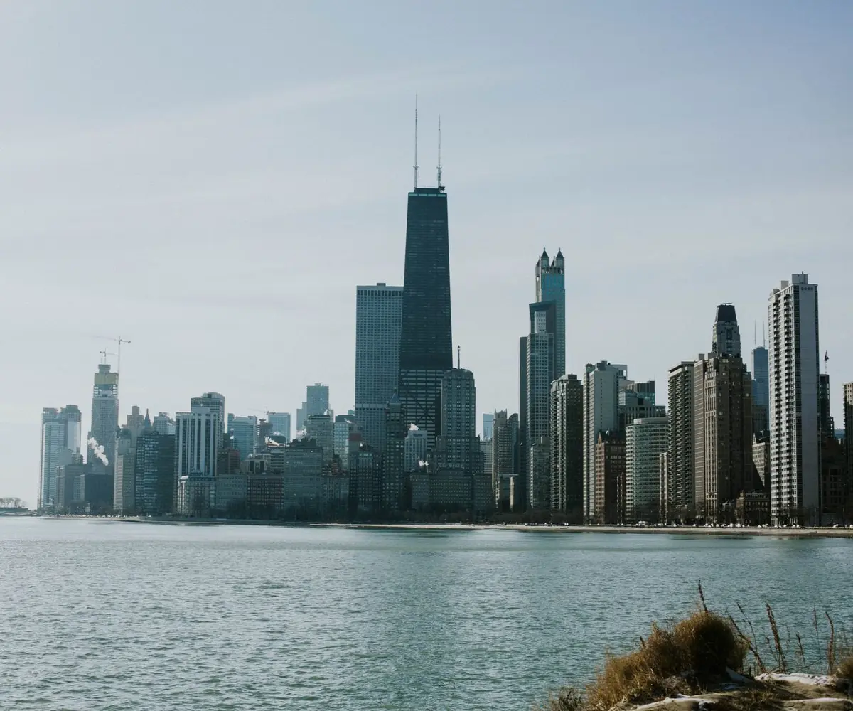 chicago skyline from belmont harbor on lake michigan