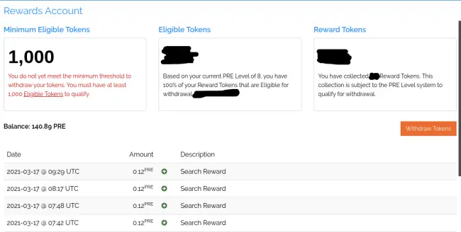 Presearch Rewards Page showing Recent searches