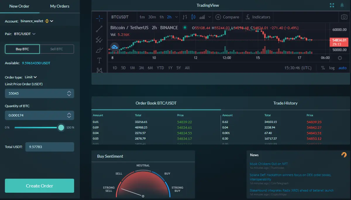UpBots manual trading dashboard