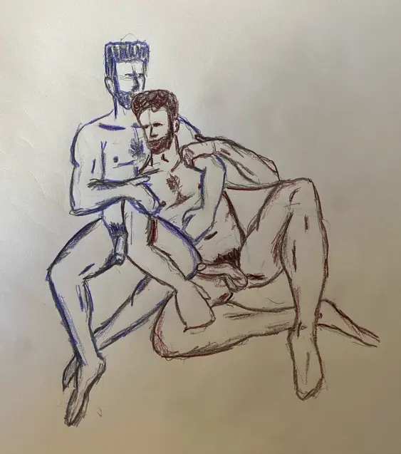 Ahmad leaning on Joe - 40 minute timed drawing, pencil with colored pencil shading and outlining