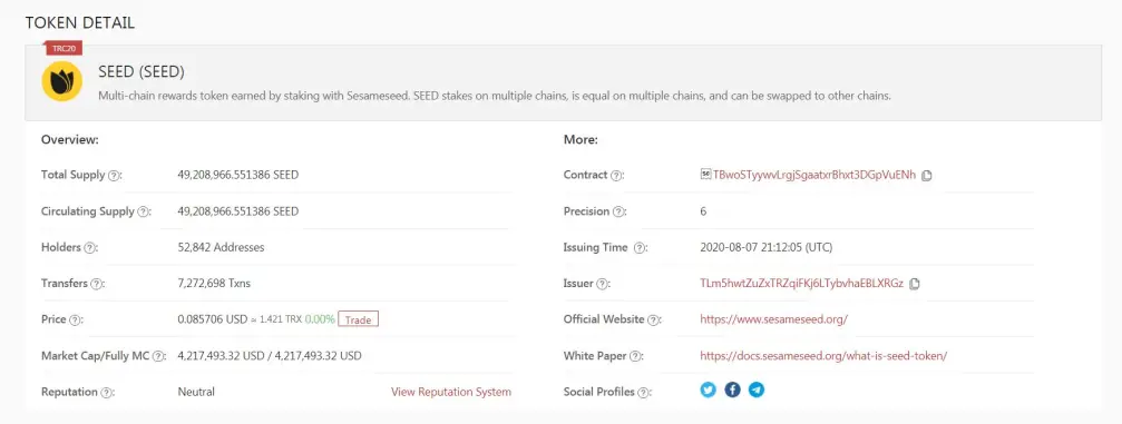 SEED on TronScan