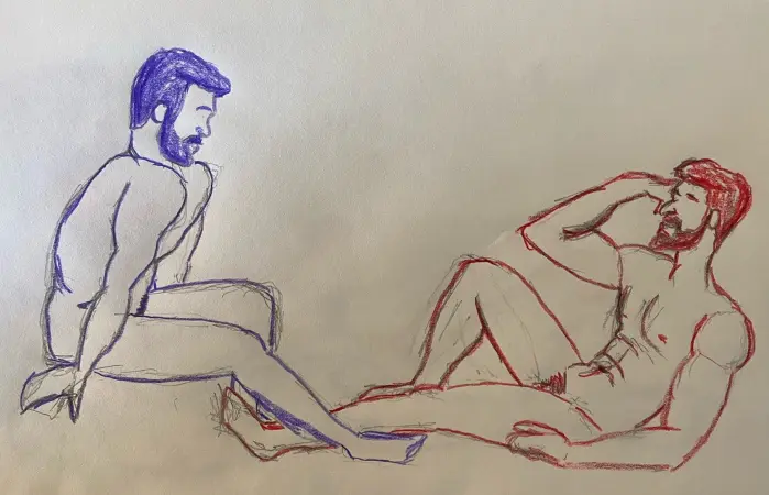 Ahmad and Joe facing one another - Colored pencil drawing
