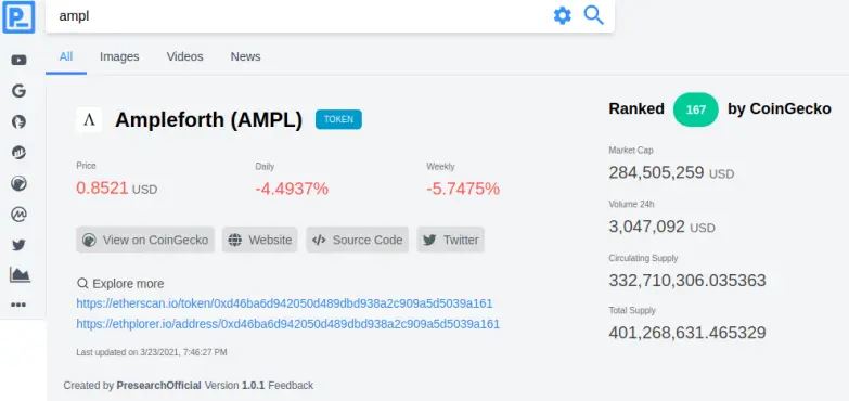 A sample of cryptocurrency search using Presearch