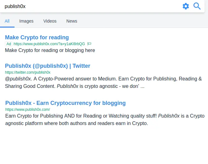 Use brackets In every search engine the use of brackets to contain your desired string is sometimes a good practice. The same is for Presearch, you can obtain a fast correction of results in few seconds and a better position of your link. Let's check this keyword: Publish0x You can see the result in the image below, where the official website of Publish0x is the 3rd link, after Twitter official account.