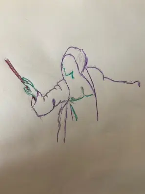 Upper body of wizard with robes open - colored pencil line drawing