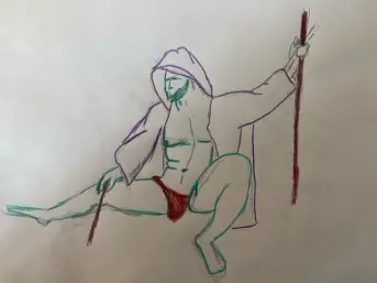 Wizard in low pose - line drawing in colored pencil