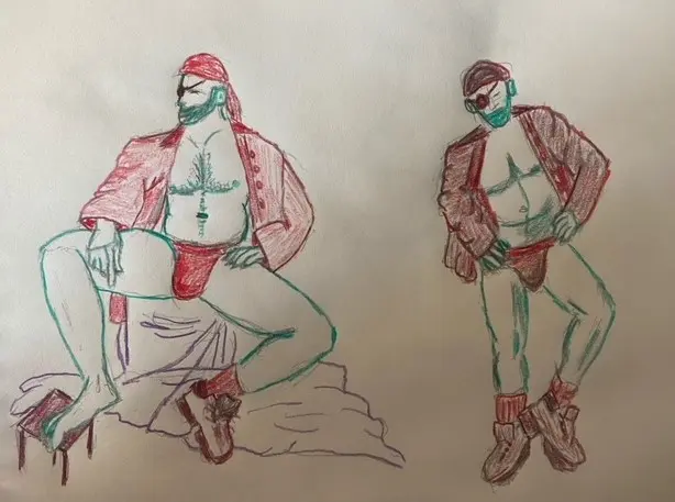Figmod dressed as a slutty pirate - 2 poses - colored pencil