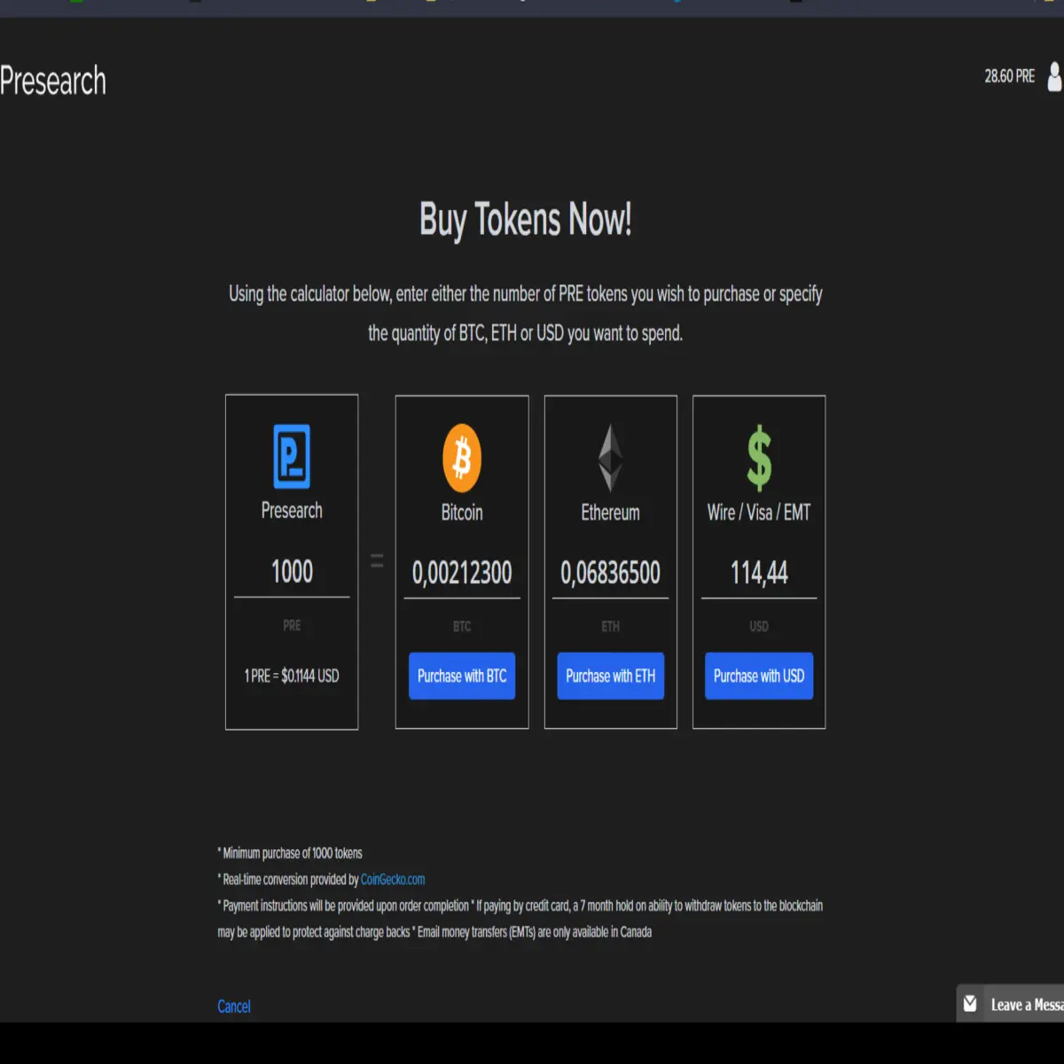 Buy PRE tokens
