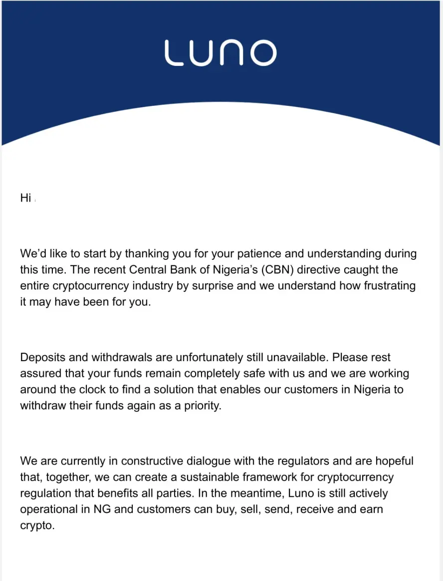 Update status from Luno in Nigeria