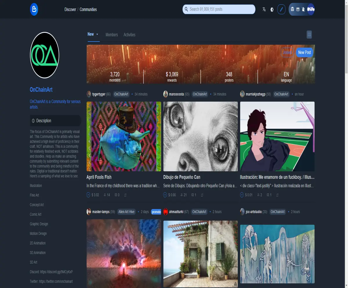 screenshot of the onchain art community from the ecency dapp