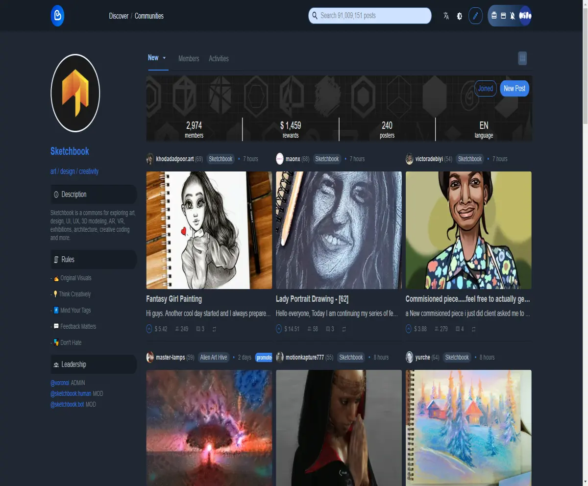 screenshot of the sketchbook art community from the ecency dapp