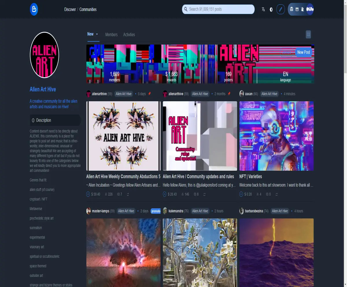 screenshot of the alien art hive community from the ecency dapp