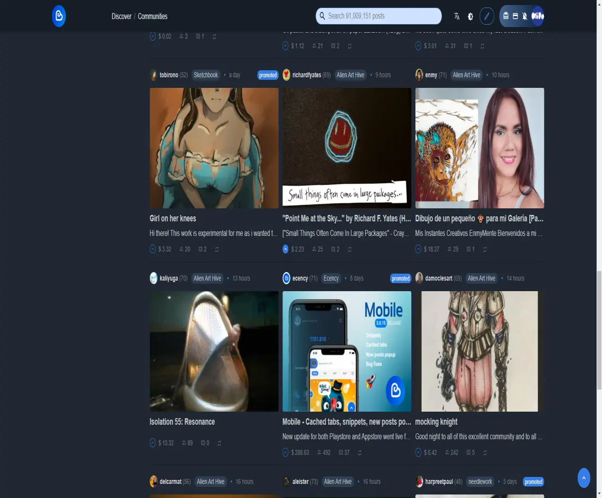 screenshot of the alien art hive community further scrolled down to illustrate higher payouts