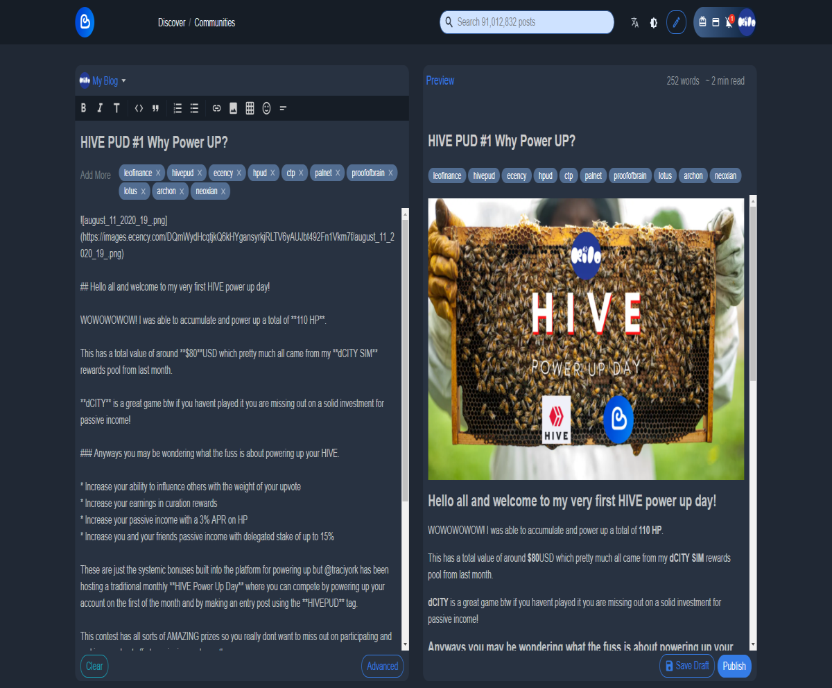 image of the post creation template on the ecency dapp from hive.blog blockchain