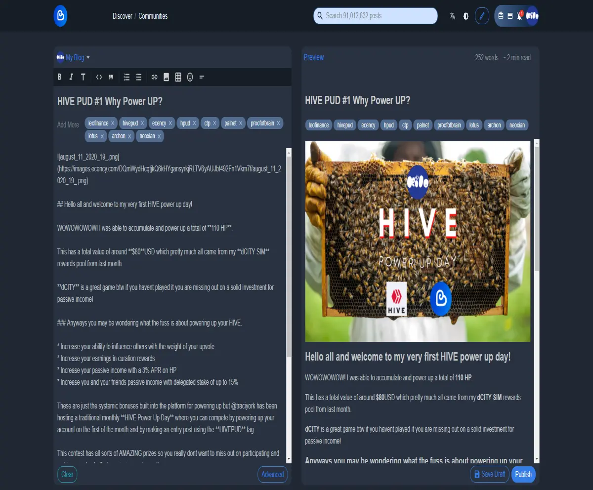 image of the post creation template on the ecency dapp from hive.blog blockchain