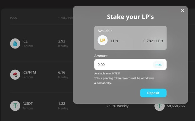 Popsicle Finance - staking ICE/FTM LP