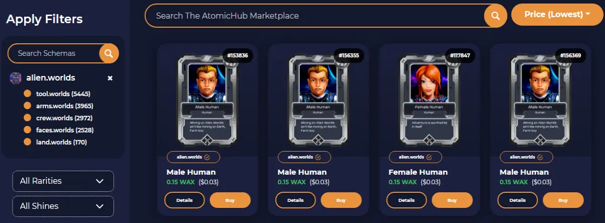 Atomic Hub listing of Alien Worlds, 4/7/2021