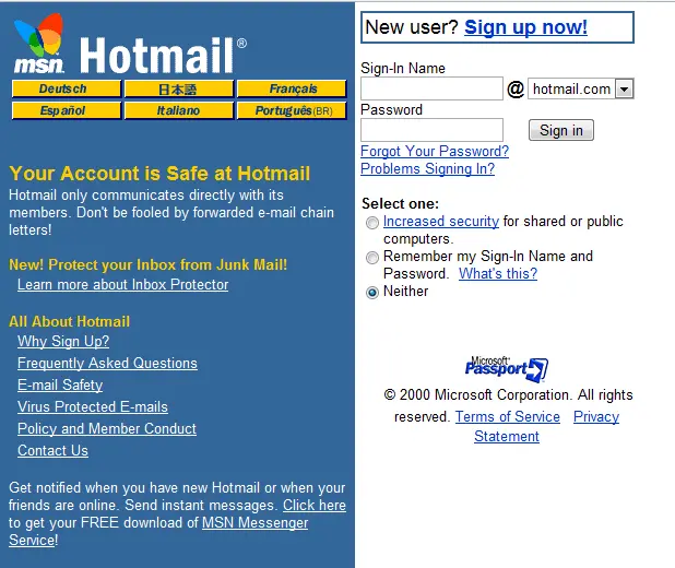 Hotmail a inicios de la década del 2000
