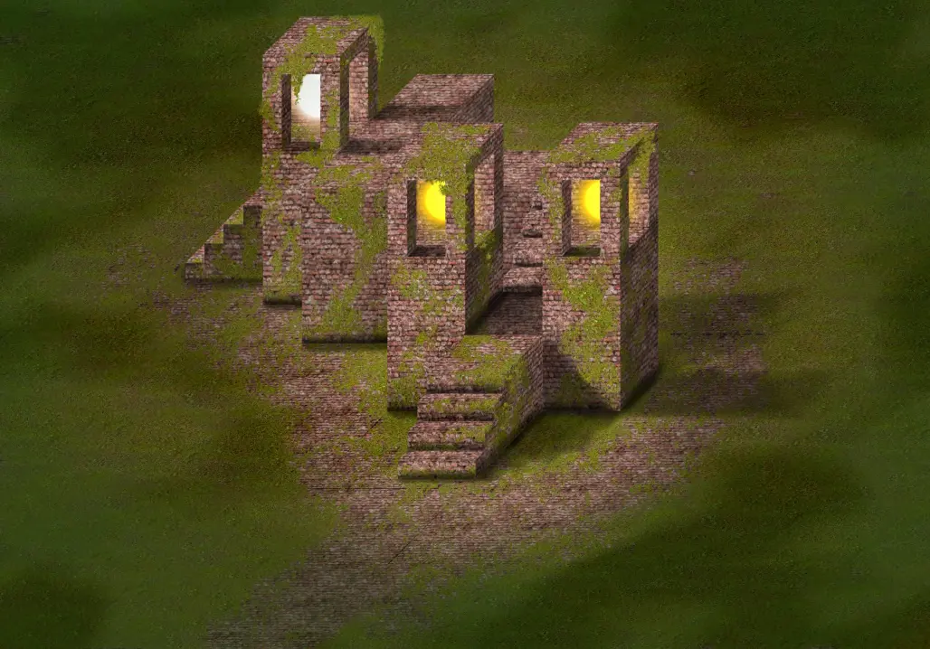 The Sun Admirer - Digital drawing of a small temple like structure with three towers that have a small sun at their tops.