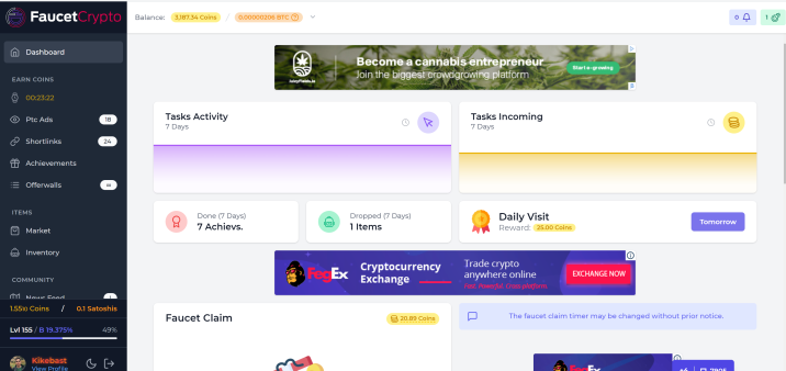 Dashboard of Faucet Crypto